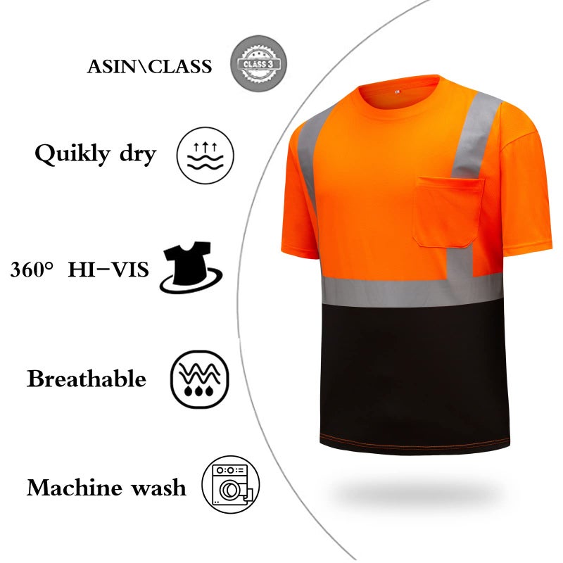 DPSAFETY High Visibility Shirts Quick Dry Safety T Shirts with Reflective Strips and Pocket Short Sleeve Mesh Hi Vis Construction Work Class 2 Shirt for Men/Women Black Bottom Orange,6XL - Image 3